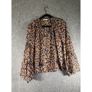 Lovestitch Blouse Women Small‎ navy Blue Smocked Wide Sleeve metallic print Boho